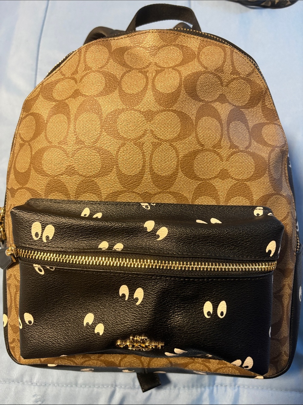 Coach Brown Signature Canvas Backpack with Black Eye-Print Pocket